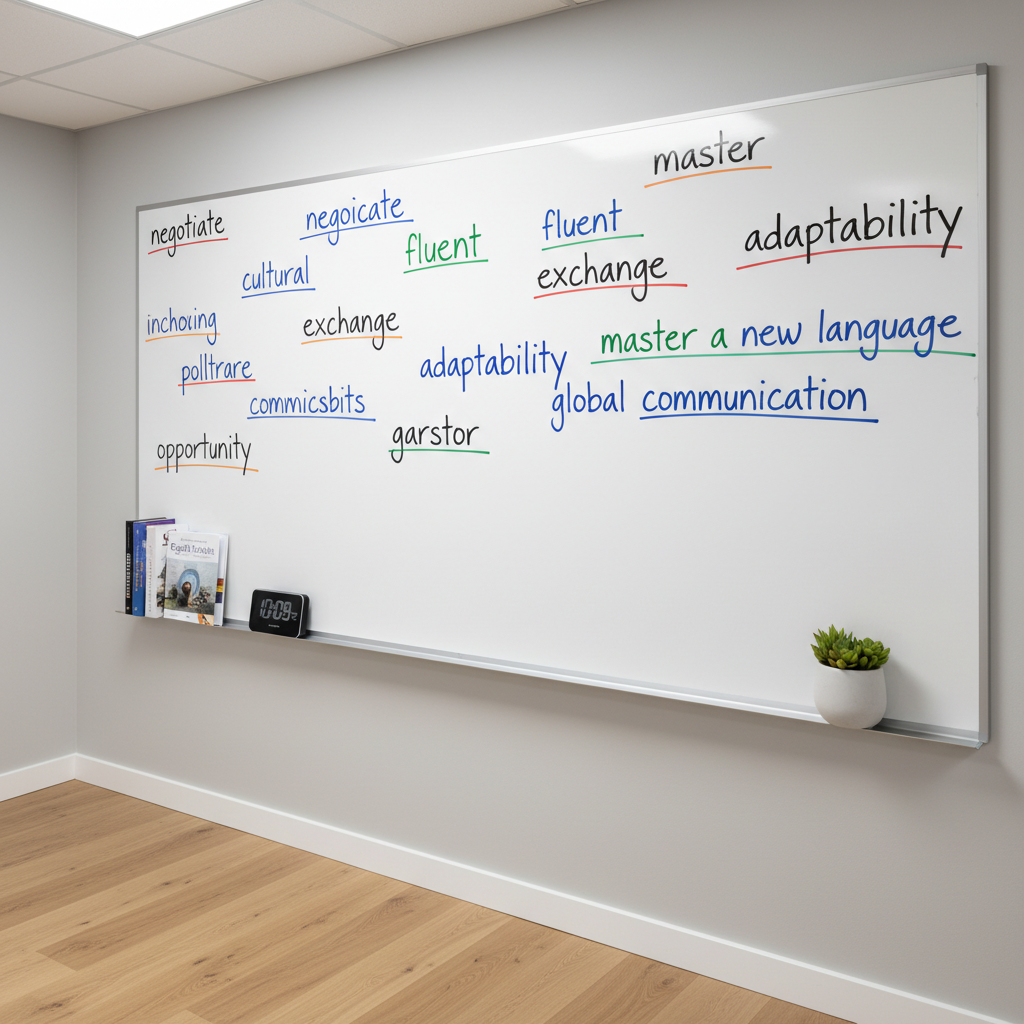 A minimalist classroom corner designed for adult English learners, featuring a large, pristine whiteboard filled with neatly written English vocabulary and phrases in blue and black marker, each word underlined with precise, colorful accents. Below, a slim floating shelf holds a tidy stack of English textbooks, a compact digital clock, and a small potted plant in a matte white pot. The room has smooth light-grey walls and a pale wooden floor, illuminated by soft, diffused overhead lighting that avoids harsh glare on the board. Photographic, clean and modern style captured from a slightly angled perspective, with sharp focus throughout, creating a professional yet welcoming learning environment for expats.
