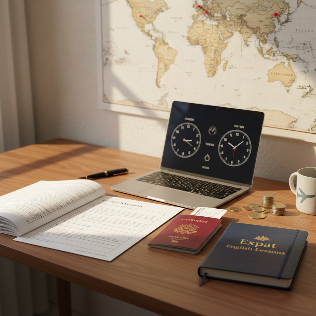 A close-up of a beautifully organized English teacher’s travel-inspired workspace, with a large detailed world map pinned to the wall behind a smooth walnut desk. On the desk lies an open English lesson plan printed on crisp white paper, a slim silver laptop with a world clock widget visible, and a well-worn passport placed beside a navy-blue notebook labeled “Expat English Lessons” in gold lettering. Soft golden-hour sunlight filters in from the left, gently illuminating the textures of paper and wood and casting long, calm shadows. Photographic realism with a slightly elevated angle and shallow depth of field, conveying a professional, worldly, and inspiring atmosphere for expat students.